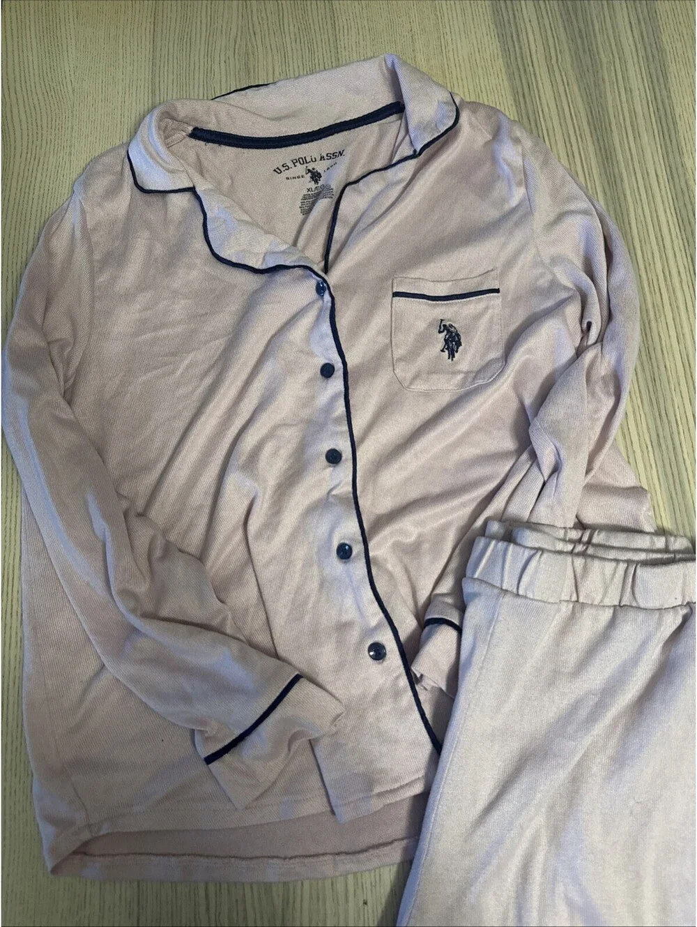 US Polo Assn Women’s Pajama Set Pink Navy Blue Piping Button Up Long Sleeve XL